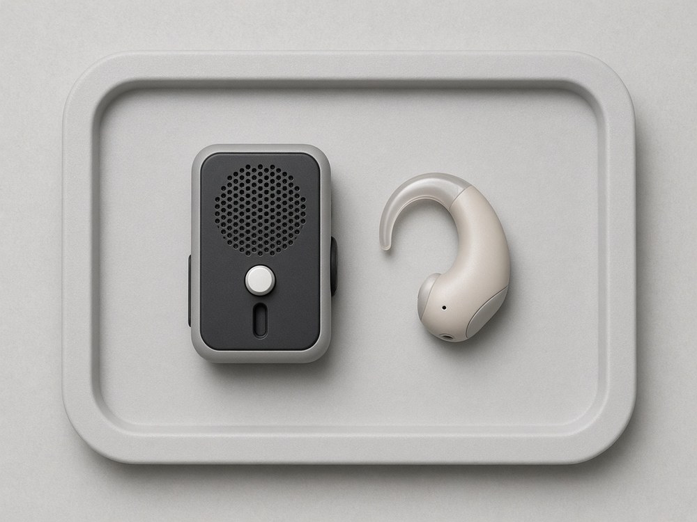 Amplificador de bolso e dispositivo retroauricular lado a lado em bandeja